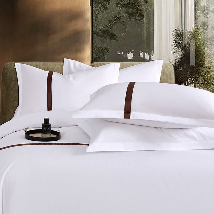 91家纺网 家纺一手货源 找家纺 罗菲尼酒店用品 2025新款高仿棉织带酒店宾馆四件套套件经典织带款 经典织带-深咖