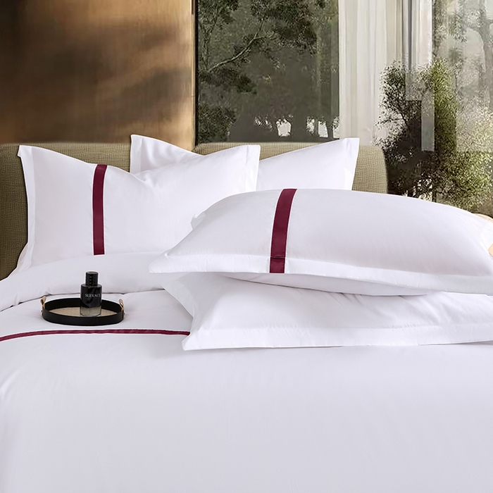 91家纺网 家纺一手货源 找家纺 罗菲尼酒店用品 2025新款高仿棉织带酒店宾馆四件套套件经典织带款 经典织带-大红