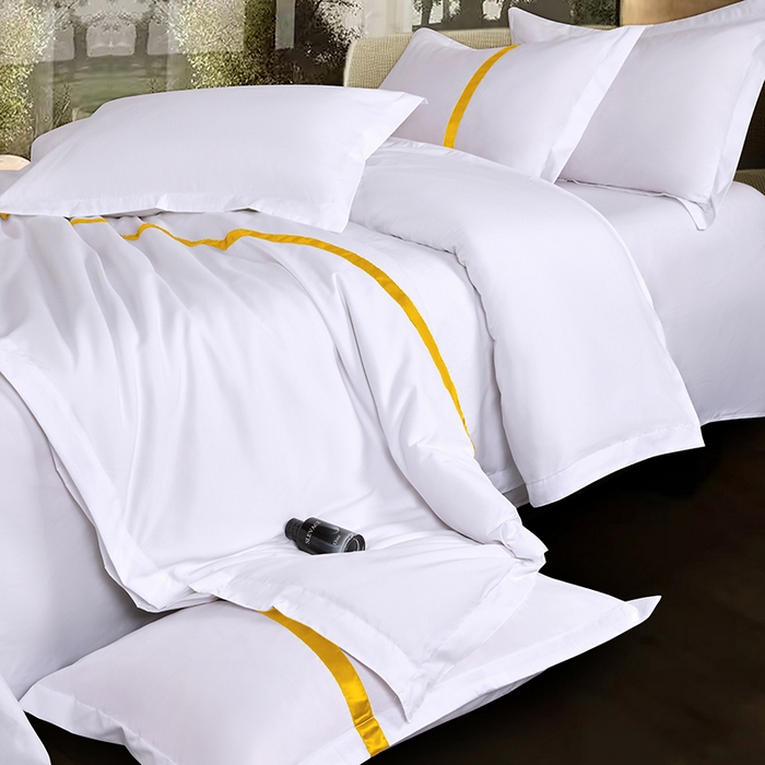 91家纺网 家纺一手货源 找家纺 罗菲尼酒店用品 2025新款高仿棉织带酒店宾馆四件套套件经典织带款 经典织带-金黄