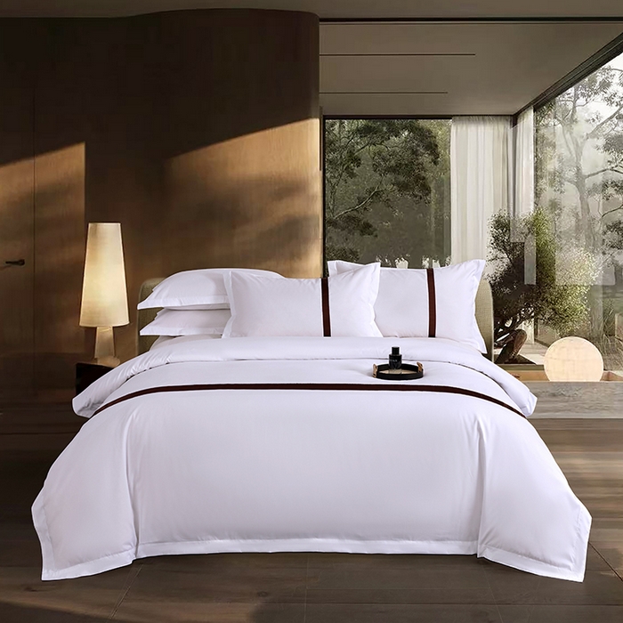 91家纺网 家纺一手货源 找家纺 罗菲尼酒店用品 2025新款高仿棉织带酒店宾馆四件套套件经典织带款 经典织带-深咖