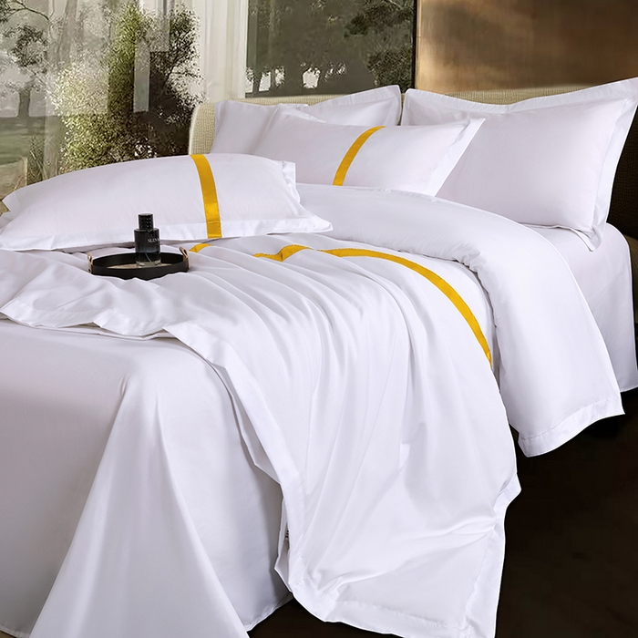 91家纺网 家纺一手货源 找家纺 罗菲尼酒店用品 2025新款高仿棉织带酒店宾馆四件套套件经典织带款 经典织带-金黄