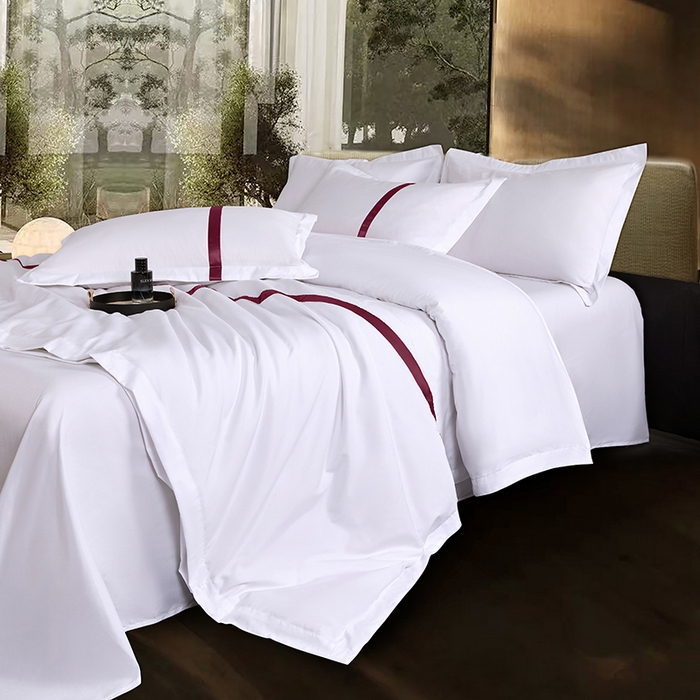 91家纺网 家纺一手货源 找家纺 罗菲尼酒店用品 2025新款高仿棉织带酒店宾馆四件套套件经典织带款 经典织带-大红