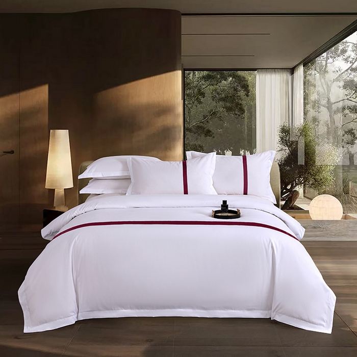 91家纺网 家纺一手货源 找家纺 罗菲尼酒店用品 2025新款高仿棉织带酒店宾馆四件套套件经典织带款 经典织带-大红