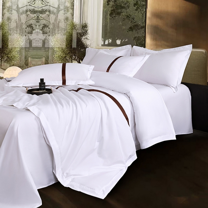 91家纺网 家纺一手货源 找家纺 罗菲尼酒店用品 2025新款高仿棉织带酒店宾馆四件套套件经典织带款 经典织带-深咖