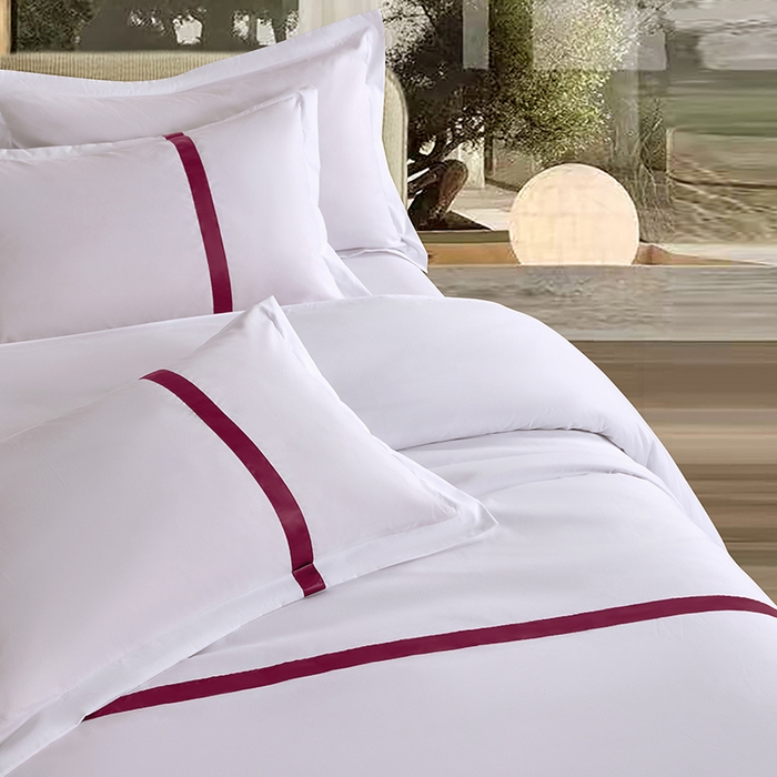 91家纺网 家纺一手货源 找家纺 罗菲尼酒店用品 2025新款高仿棉织带酒店宾馆四件套套件经典织带款 经典织带-大红