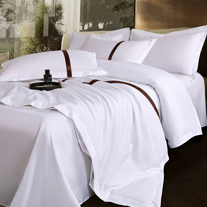 91家纺网 家纺一手货源 找家纺 罗菲尼酒店用品 2025新款高仿棉织带酒店宾馆四件套套件经典织带款 经典织带-深咖