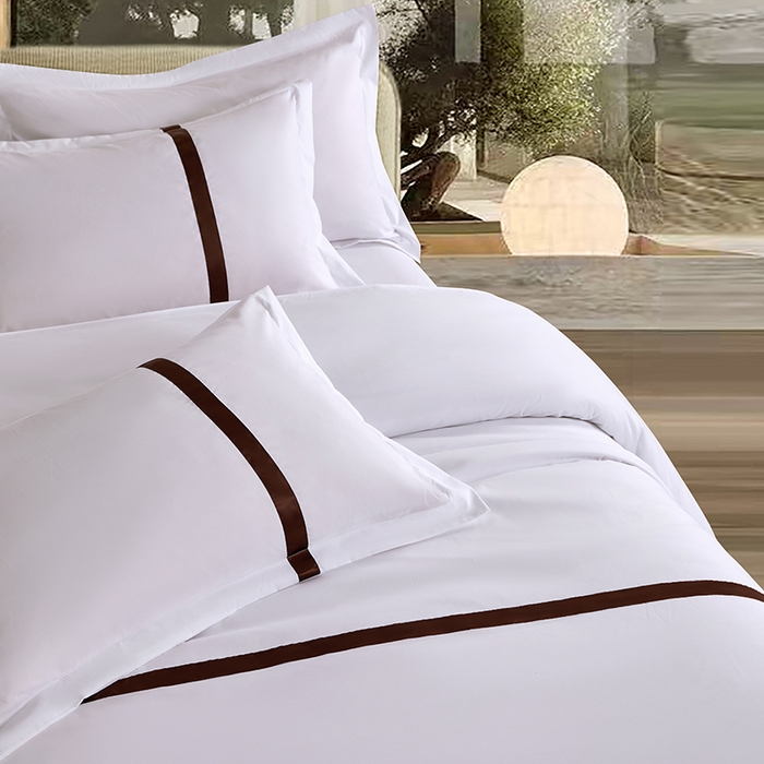 91家纺网 家纺一手货源 找家纺 罗菲尼酒店用品 2025新款高仿棉织带酒店宾馆四件套套件经典织带款 经典织带-深咖