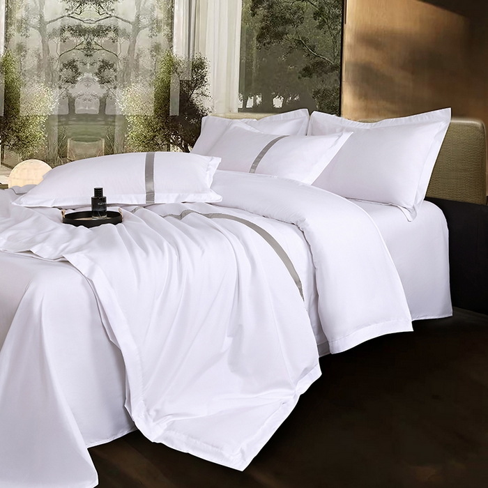 91家纺网 家纺一手货源 找家纺 罗菲尼酒店用品 2025新款高仿棉织带酒店宾馆四件套套件经典织带款 经典织带-浅灰