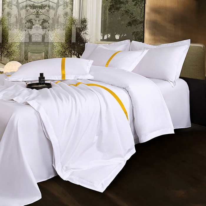 91家纺网 家纺一手货源 找家纺 罗菲尼酒店用品 2025新款高仿棉织带酒店宾馆四件套套件经典织带款 经典织带-金黄