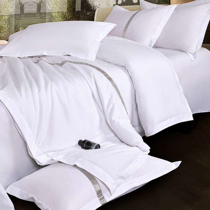 91家纺网 家纺一手货源 找家纺 罗菲尼酒店用品 2025新款高仿棉织带酒店宾馆四件套套件经典织带款 经典织带-浅灰