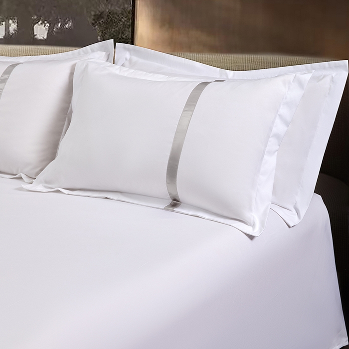 91家纺网 家纺一手货源 找家纺 罗菲尼酒店用品 2025新款高仿棉织带酒店宾馆四件套套件经典织带款 经典织带-浅灰