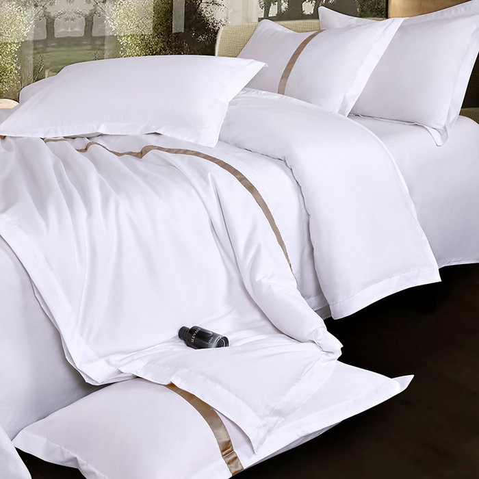 91家纺网 家纺一手货源 找家纺 罗菲尼酒店用品 2025新款高仿棉织带酒店宾馆四件套套件经典织带款 经典织带-咖啡