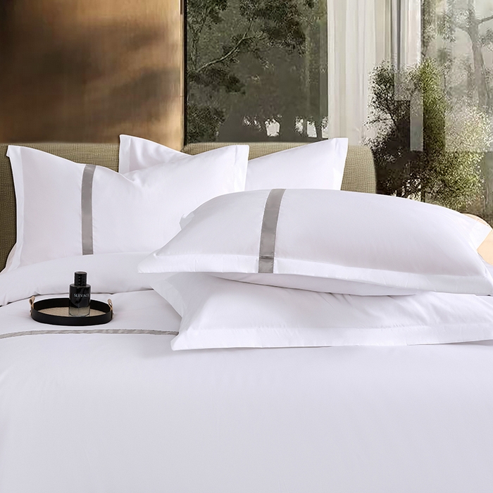 91家纺网 家纺一手货源 找家纺 罗菲尼酒店用品 2025新款高仿棉织带酒店宾馆四件套套件经典织带款 经典织带-浅灰