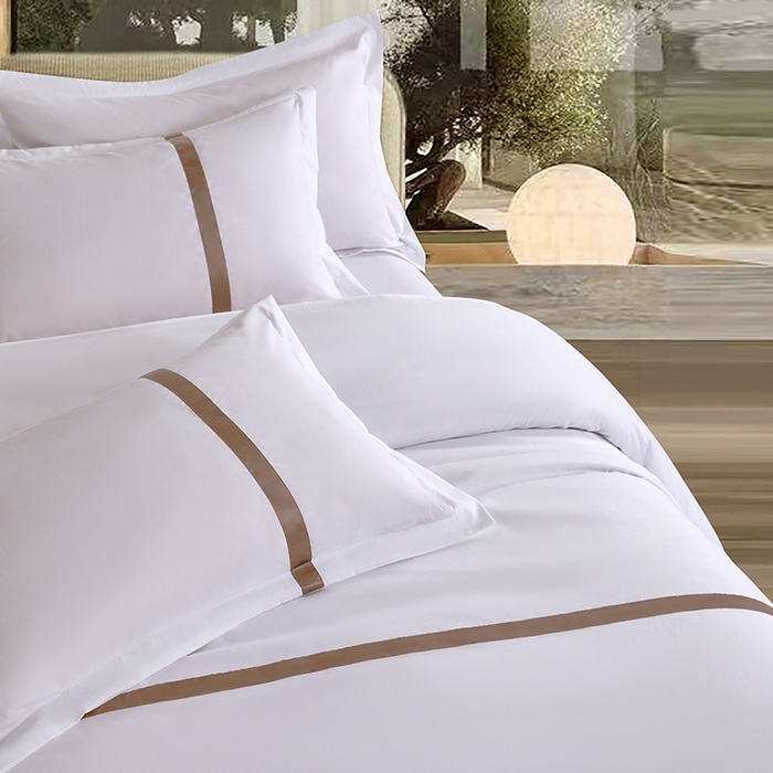 91家纺网 家纺一手货源 找家纺 罗菲尼酒店用品 2025新款高仿棉织带酒店宾馆四件套套件经典织带款 经典织带-咖啡