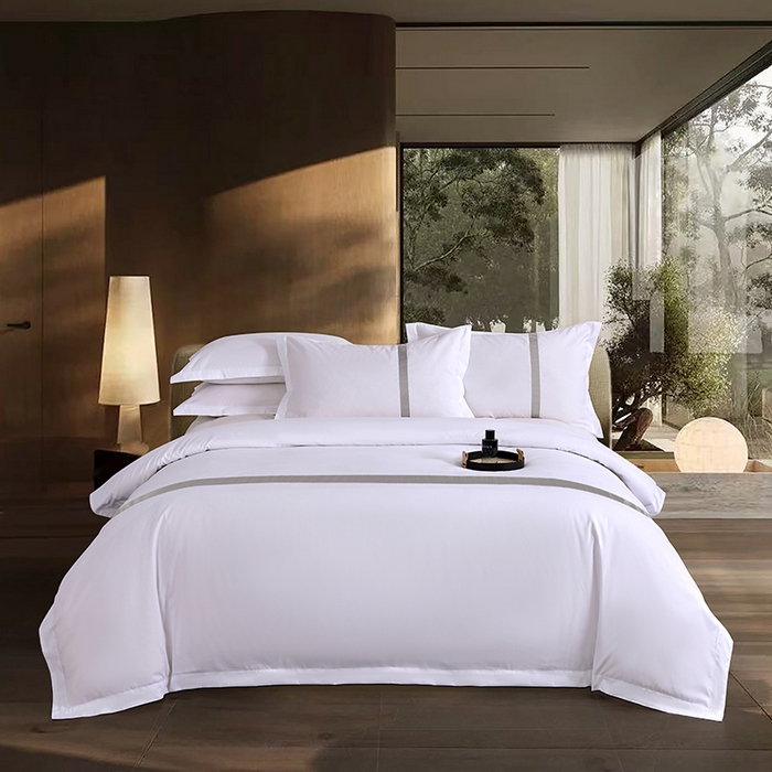 91家纺网 家纺一手货源 找家纺 罗菲尼酒店用品 2025新款高仿棉织带酒店宾馆四件套套件经典织带款 经典织带-浅灰