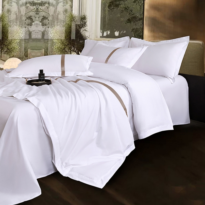 91家纺网 家纺一手货源 找家纺 罗菲尼酒店用品 2025新款高仿棉织带酒店宾馆四件套套件经典织带款 经典织带-咖啡