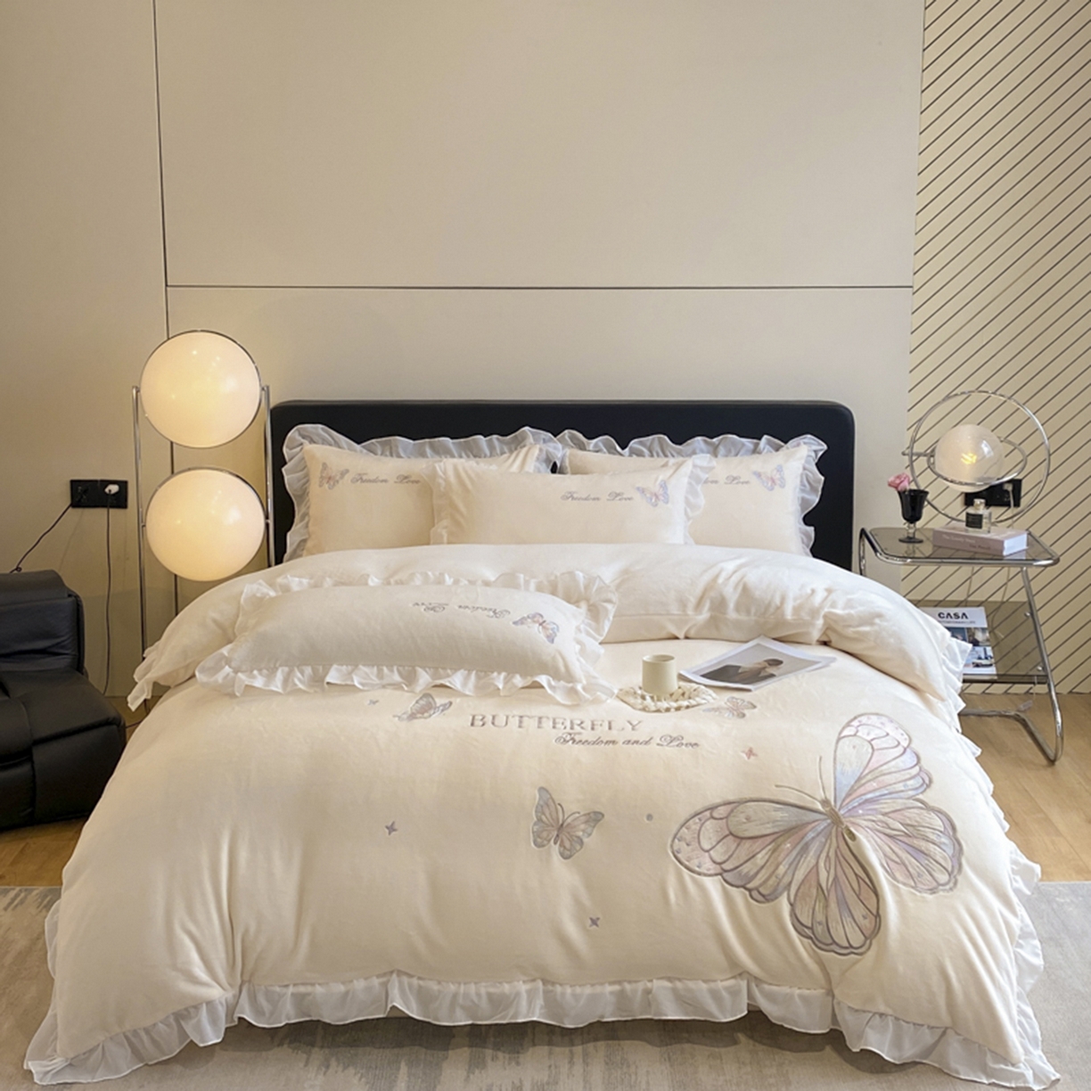 木子家纺 2025新款牛奶绒纯色刺绣花边四件套 初雪白