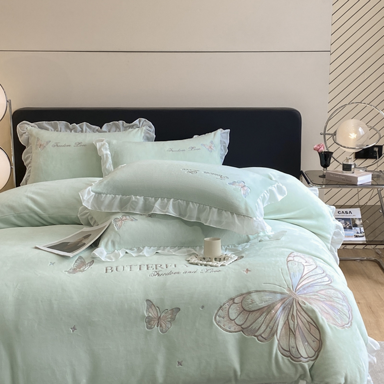 91家纺网 家纺一手货源 找家纺 木子家纺 2025新款牛奶绒纯色刺绣花边四件套 美蝶绿