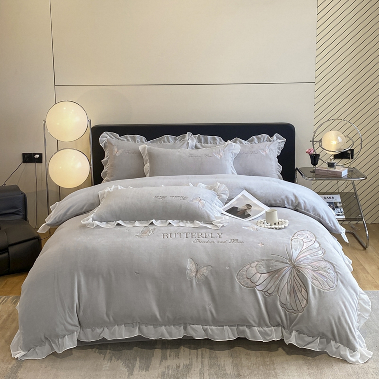 木子家纺 2025新款牛奶绒纯色刺绣花边四件套 银河灰