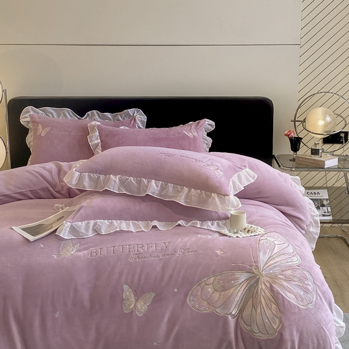 91家纺网 家纺一手货源 找家纺 木子家纺 2025新款牛奶绒纯色刺绣花边四件套 罗兰紫