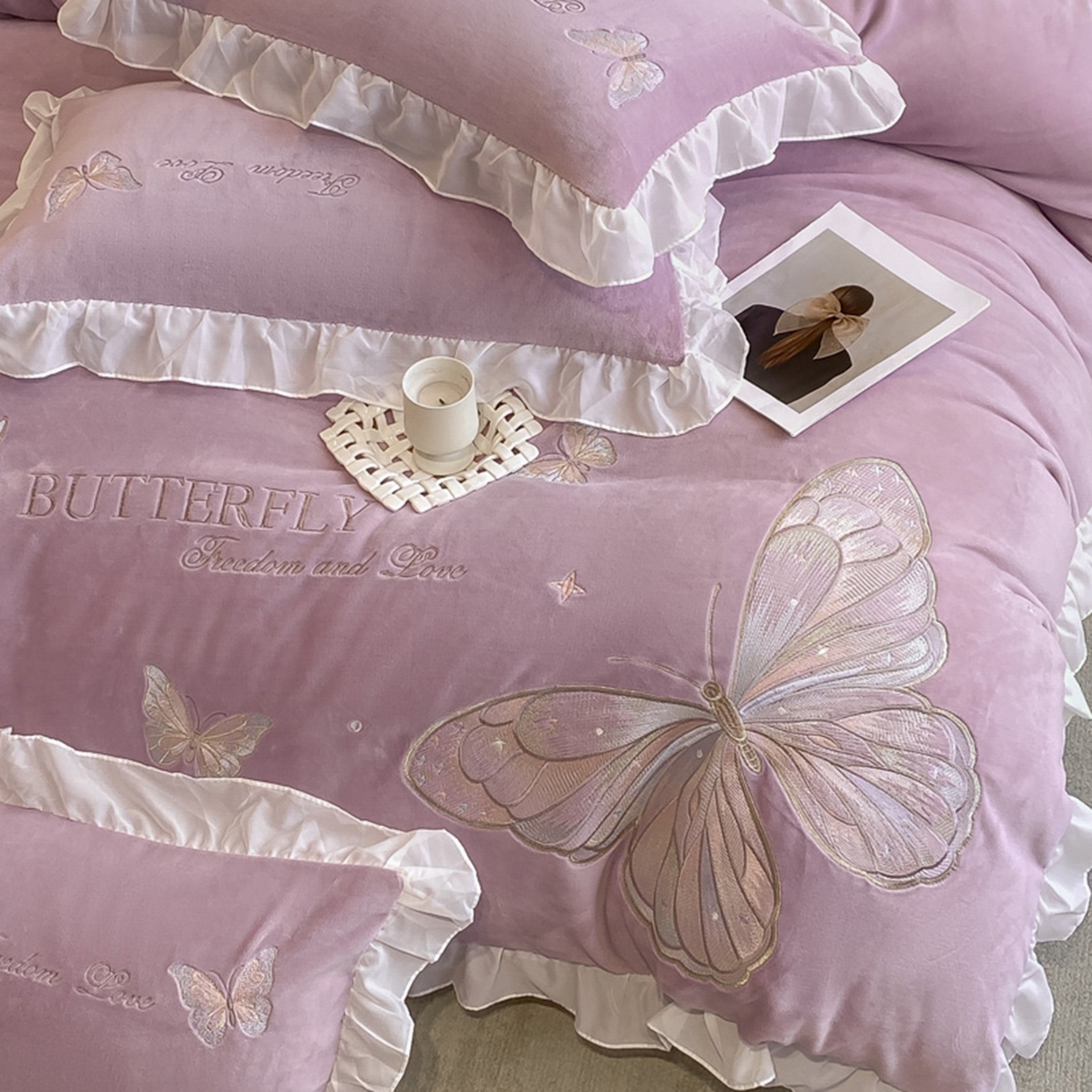 91家纺网 家纺一手货源 找家纺 木子家纺 2025新款牛奶绒纯色刺绣花边四件套 罗兰紫