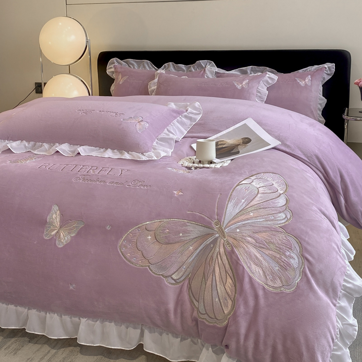 91家纺网 家纺一手货源 找家纺 木子家纺 2025新款牛奶绒纯色刺绣花边四件套 罗兰紫