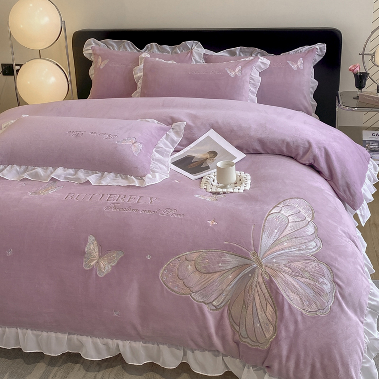 91家纺网 家纺一手货源 找家纺 木子家纺 2025新款牛奶绒纯色刺绣花边四件套 罗兰紫