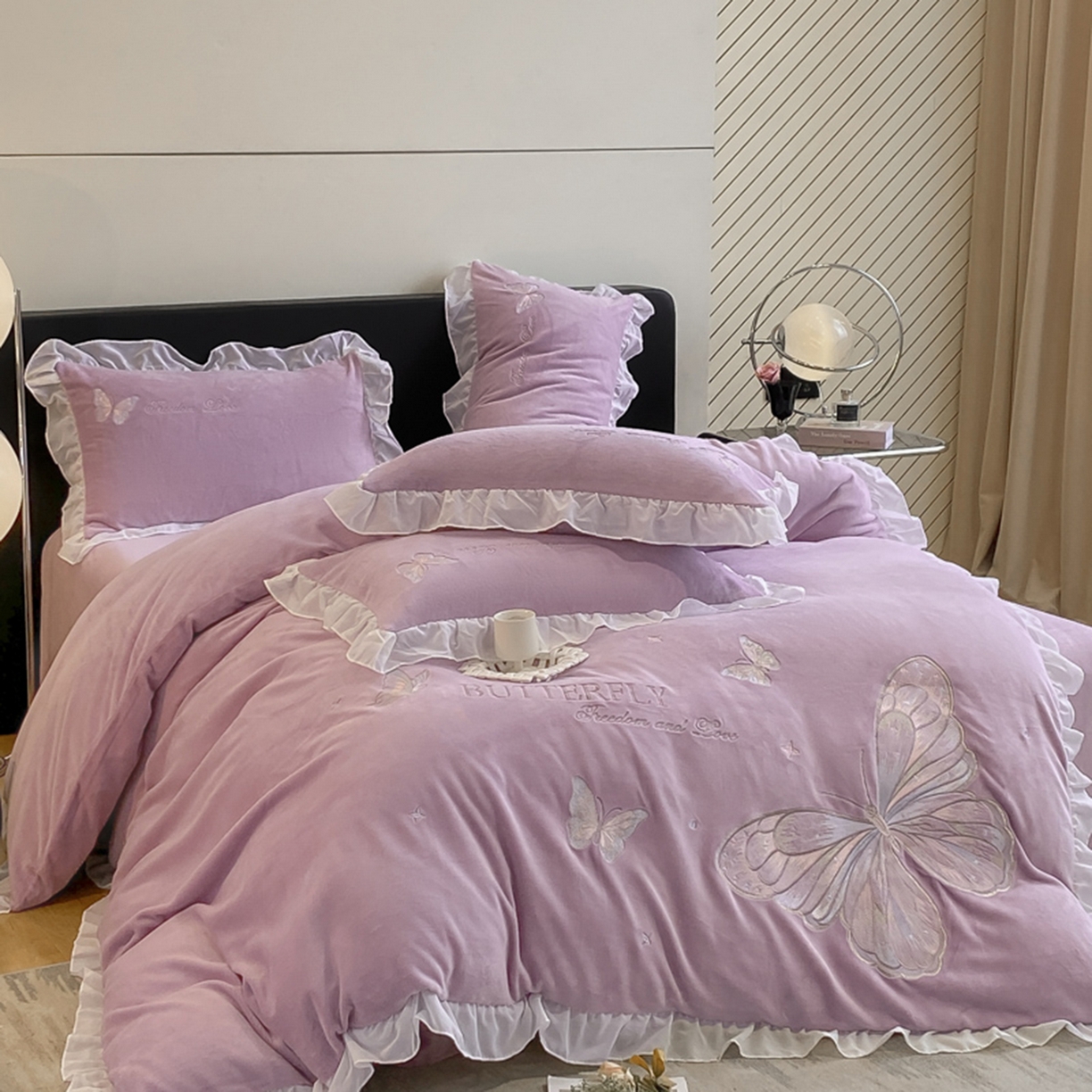 91家纺网 家纺一手货源 找家纺 木子家纺 2025新款牛奶绒纯色刺绣花边四件套 罗兰紫