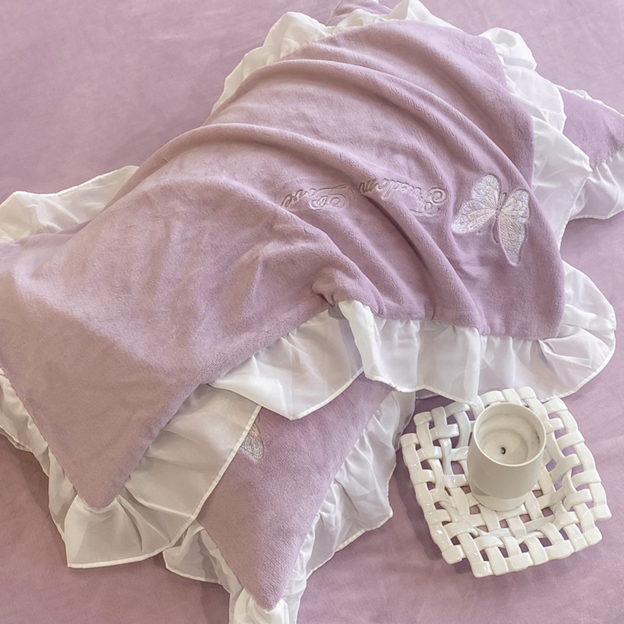 91家纺网 家纺一手货源 找家纺 木子家纺 2025新款牛奶绒纯色刺绣花边四件套 罗兰紫