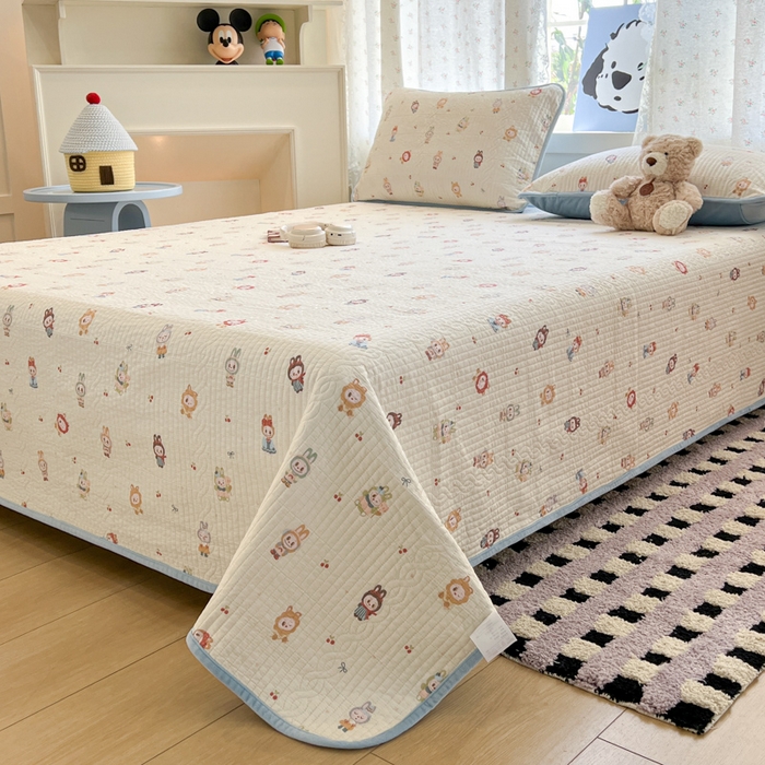 91家纺网 家纺一手货源 找家纺 沐纯家居 2025新款婴儿绒纯棉水洗床盖拉布豆-晴蓝