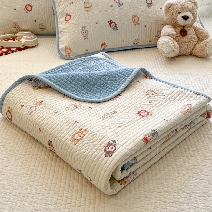 91家纺网 家纺一手货源 找家纺 沐纯家居 2025新款婴儿绒纯棉水洗床盖拉布豆-晴蓝