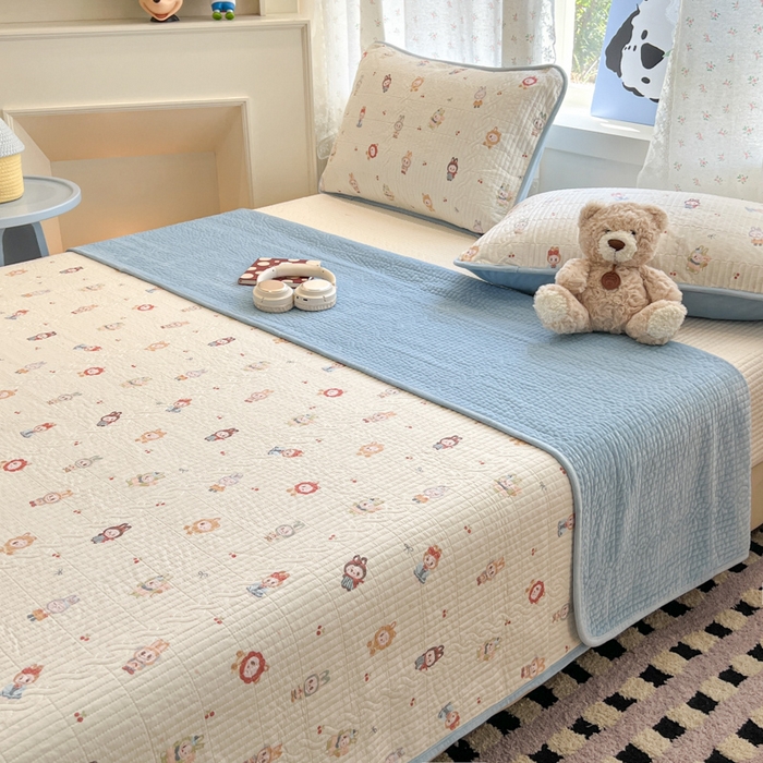 91家纺网 家纺一手货源 找家纺 沐纯家居 2025新款婴儿绒纯棉水洗床盖拉布豆-晴蓝