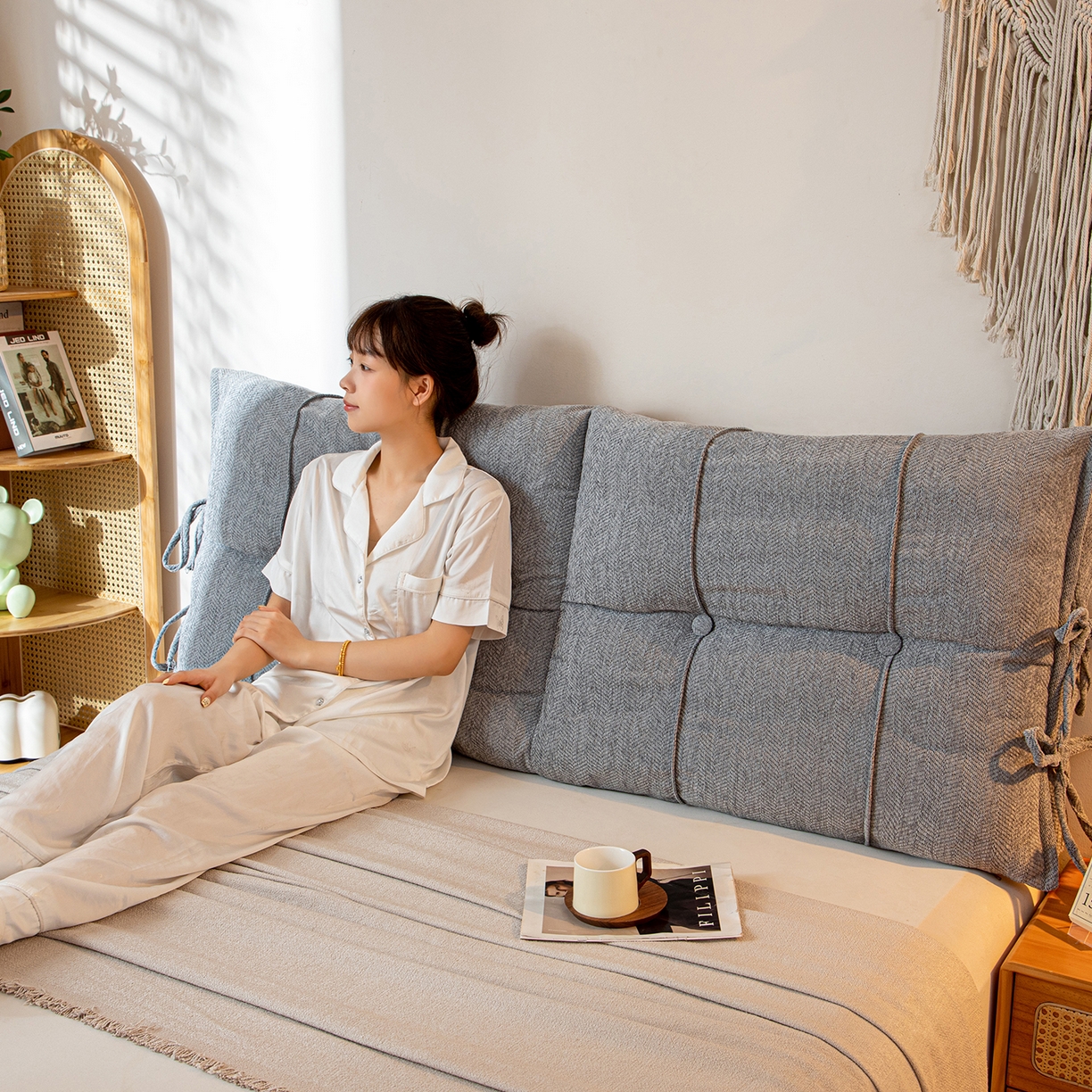 91家纺网 家纺一手货源 找家纺 沐沐家纺 2026新款人字纹床头靠背 浅灰