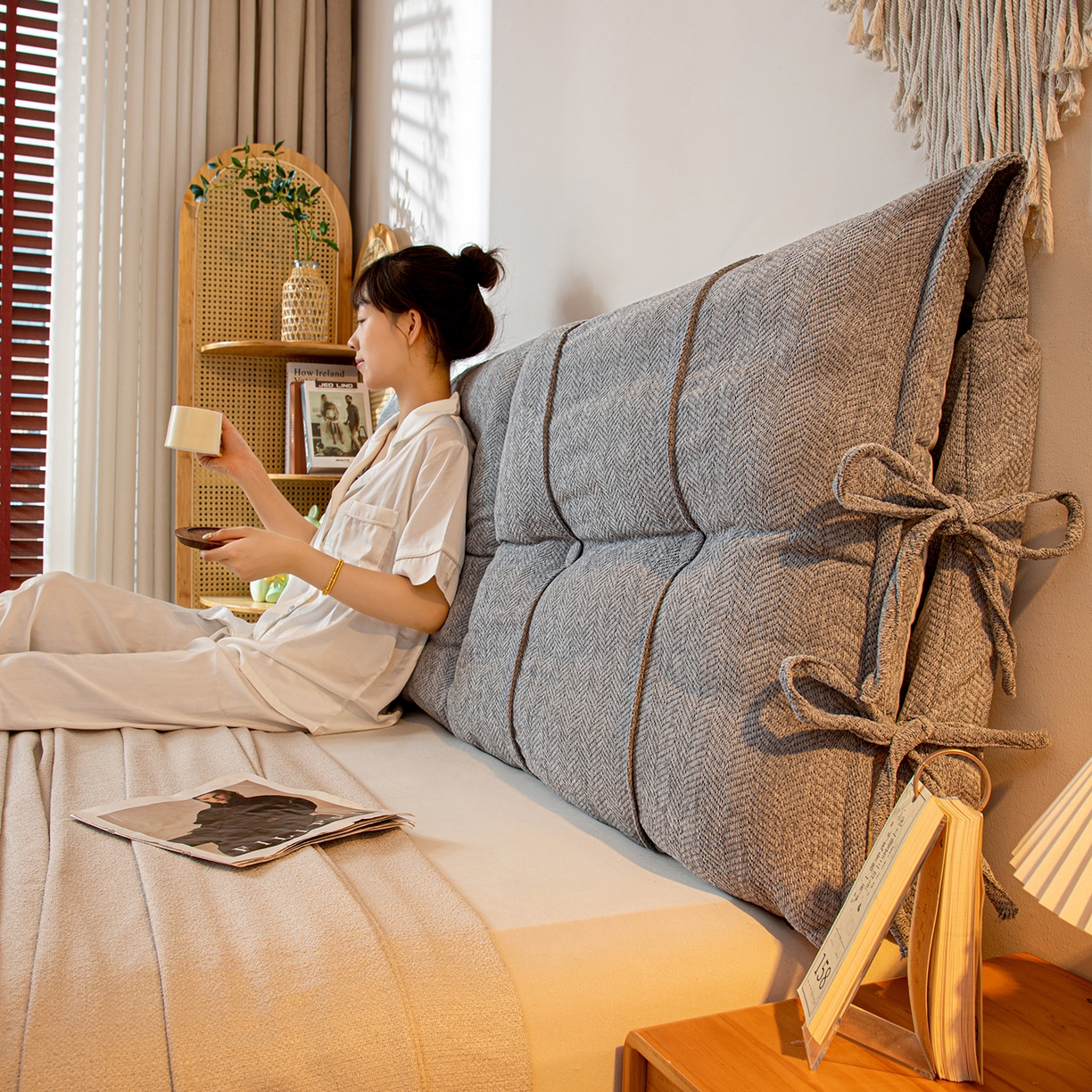 91家纺网 家纺一手货源 找家纺 沐沐家纺 2026新款人字纹床头靠背 浅灰