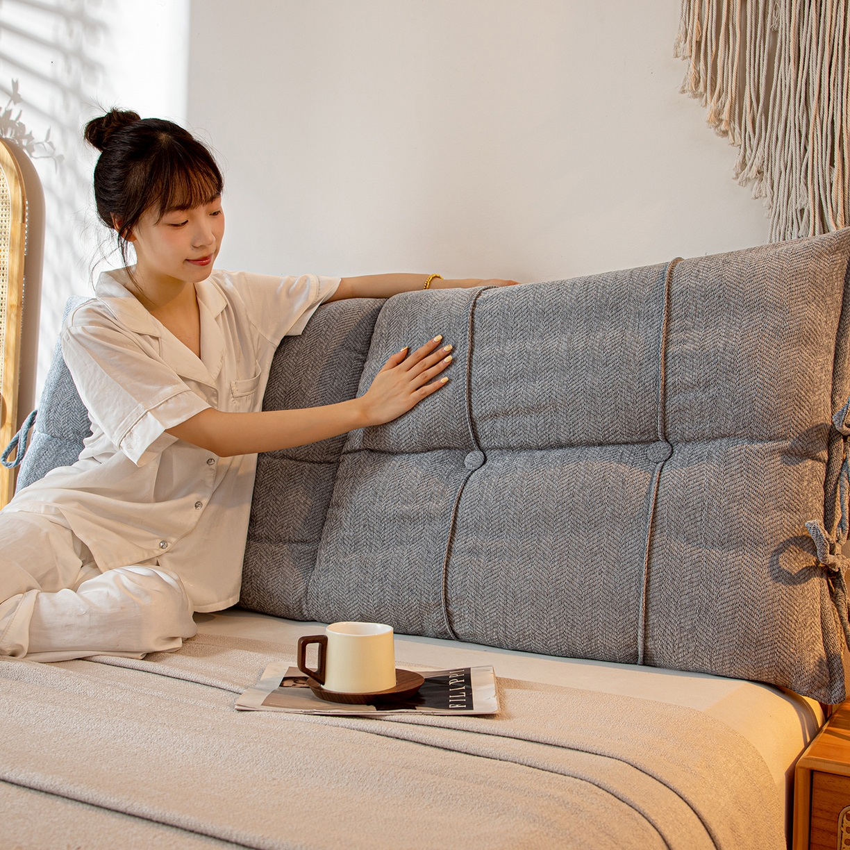 91家纺网 家纺一手货源 找家纺 沐沐家纺 2026新款人字纹床头靠背 浅灰