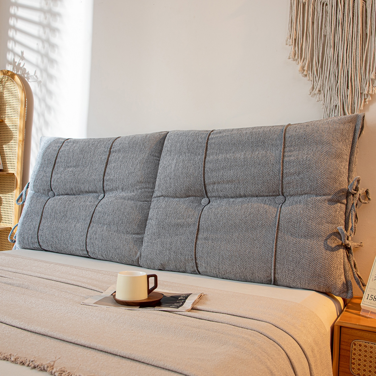 91家纺网 家纺一手货源 找家纺 沐沐家纺 2026新款人字纹床头靠背 浅灰