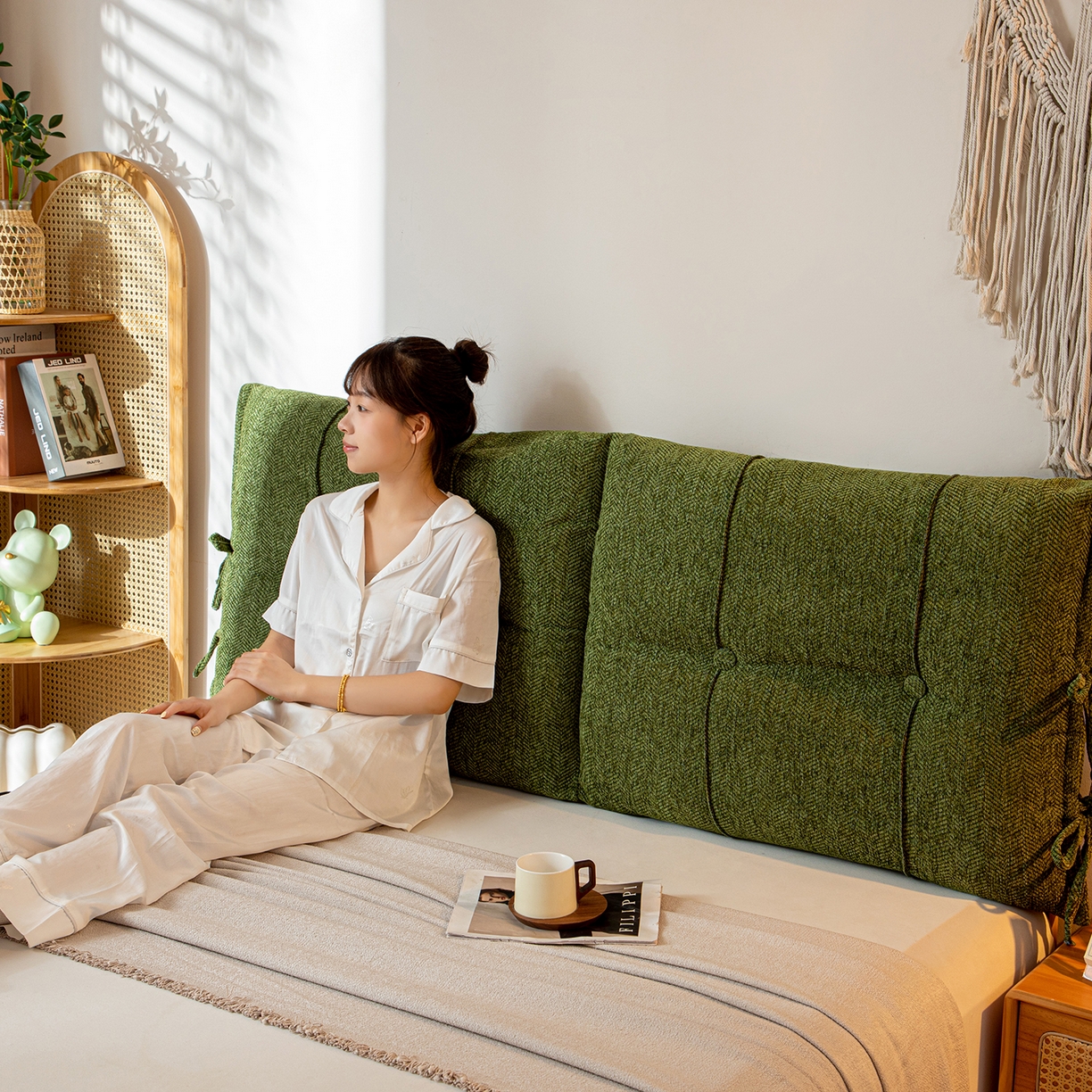 91家纺网 家纺一手货源 找家纺 沐沐家纺 2026新款人字纹床头靠背 墨玉绿