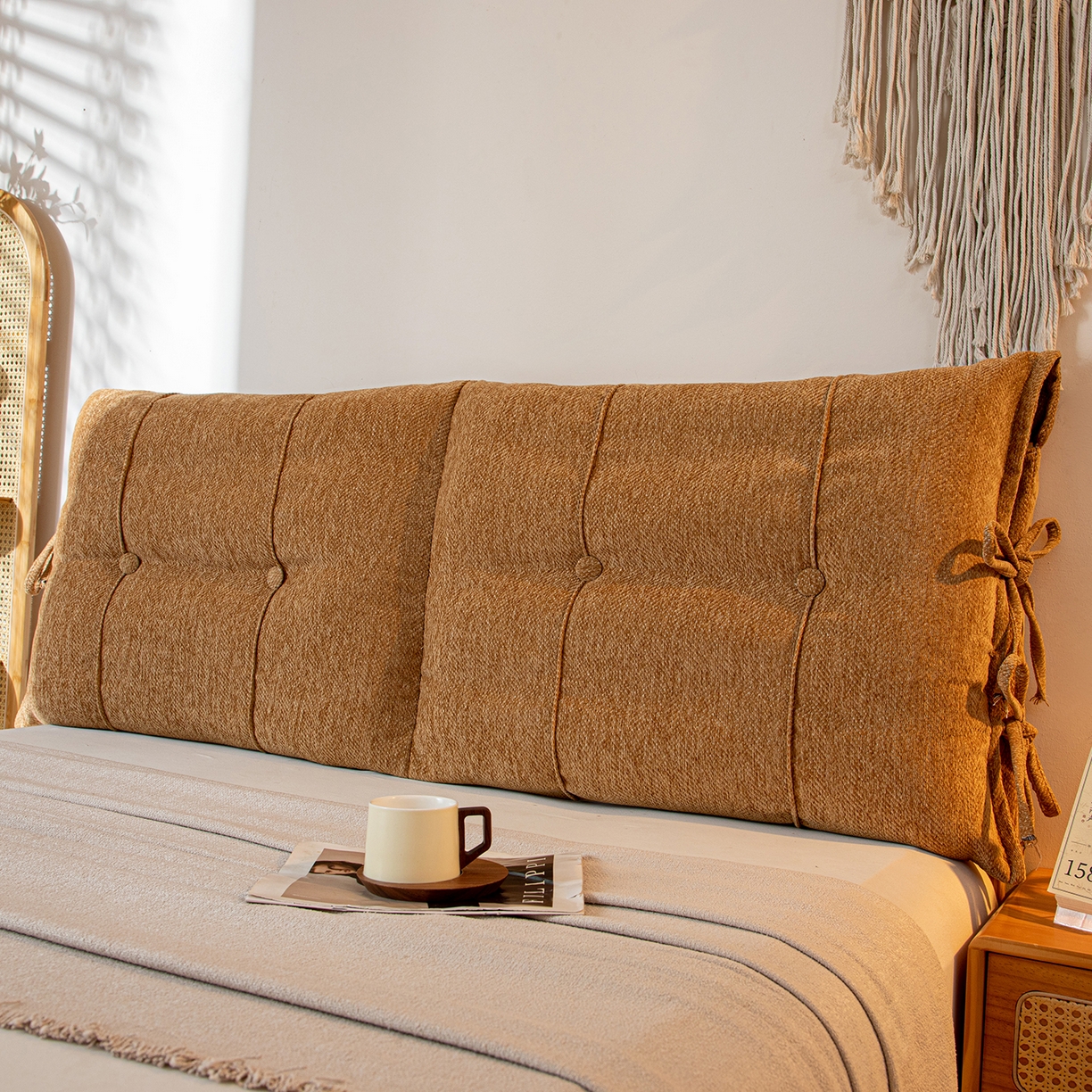 91家纺网 家纺一手货源 找家纺 沐沐家纺 2026新款人字纹床头靠背 姜黄