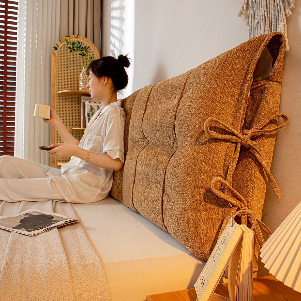 91家纺网 家纺一手货源 找家纺 沐沐家纺 2026新款人字纹床头靠背 姜黄