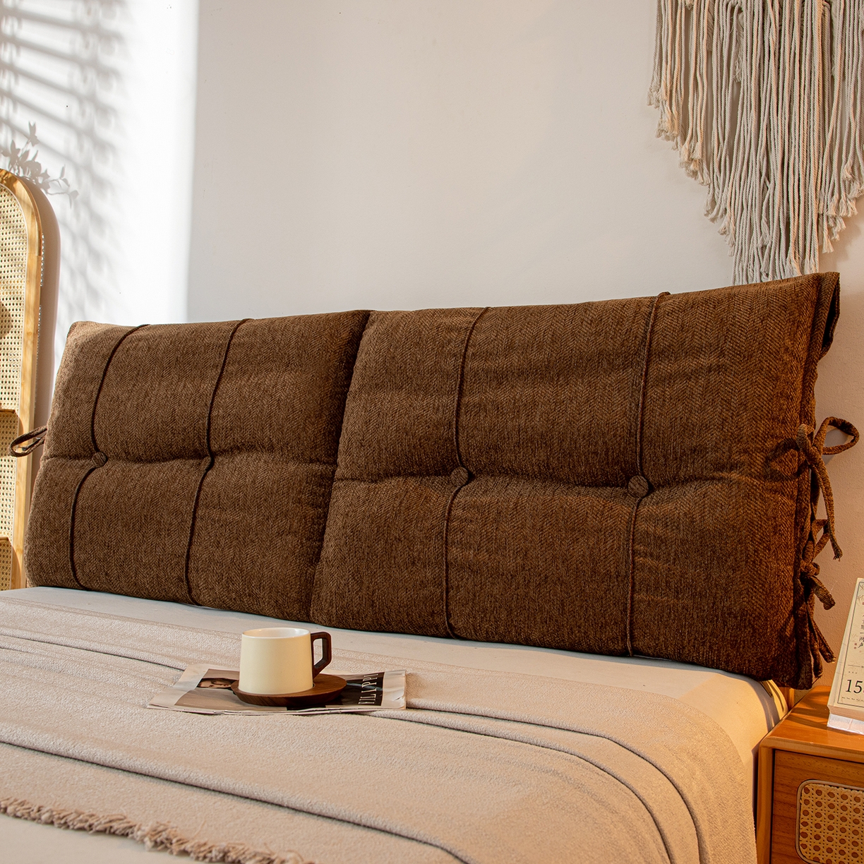 91家纺网 家纺一手货源 找家纺 沐沐家纺 2026新款人字纹床头靠背 深咖