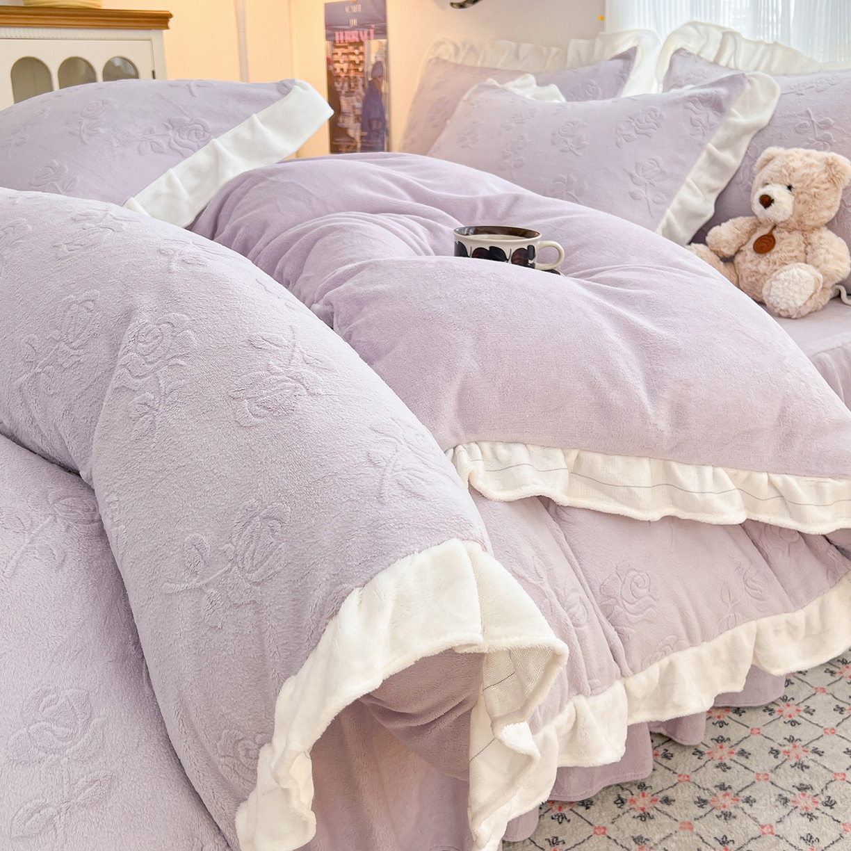 安哆啦家纺 2025新款法式雕花牛奶绒花边四件套 玫瑰-紫