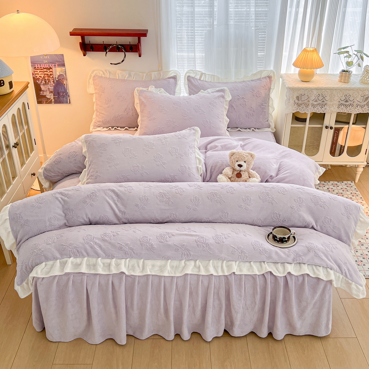 91家纺网 家纺一手货源 找家纺 安哆啦家纺 2025新款法式雕花牛奶绒花边四件套 玫瑰-紫