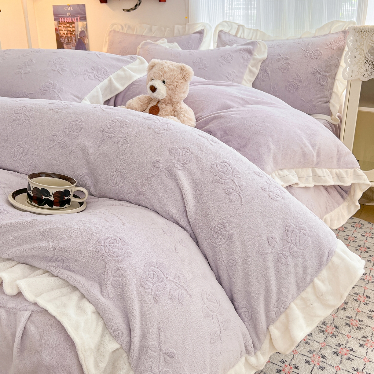 91家纺网 家纺一手货源 找家纺 安哆啦家纺 2025新款法式雕花牛奶绒花边四件套 玫瑰-紫