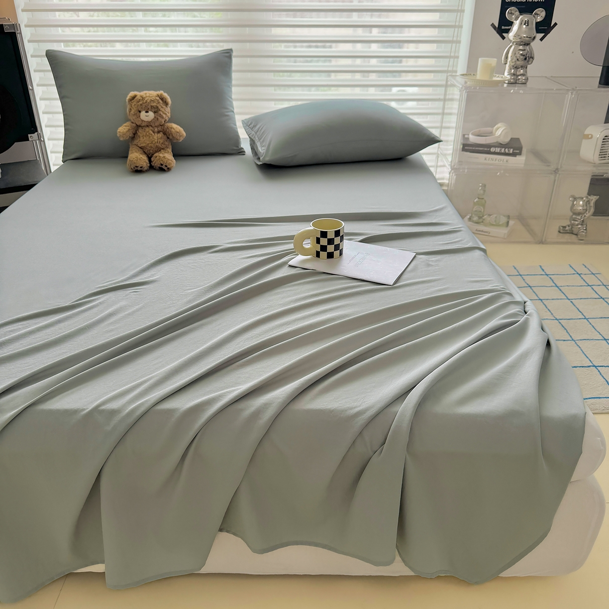 91家纺网 家纺一手货源 找家纺 十一家居 2025年新款ins风A类母婴级亲肤云朵水洗棉单床单 烟灰