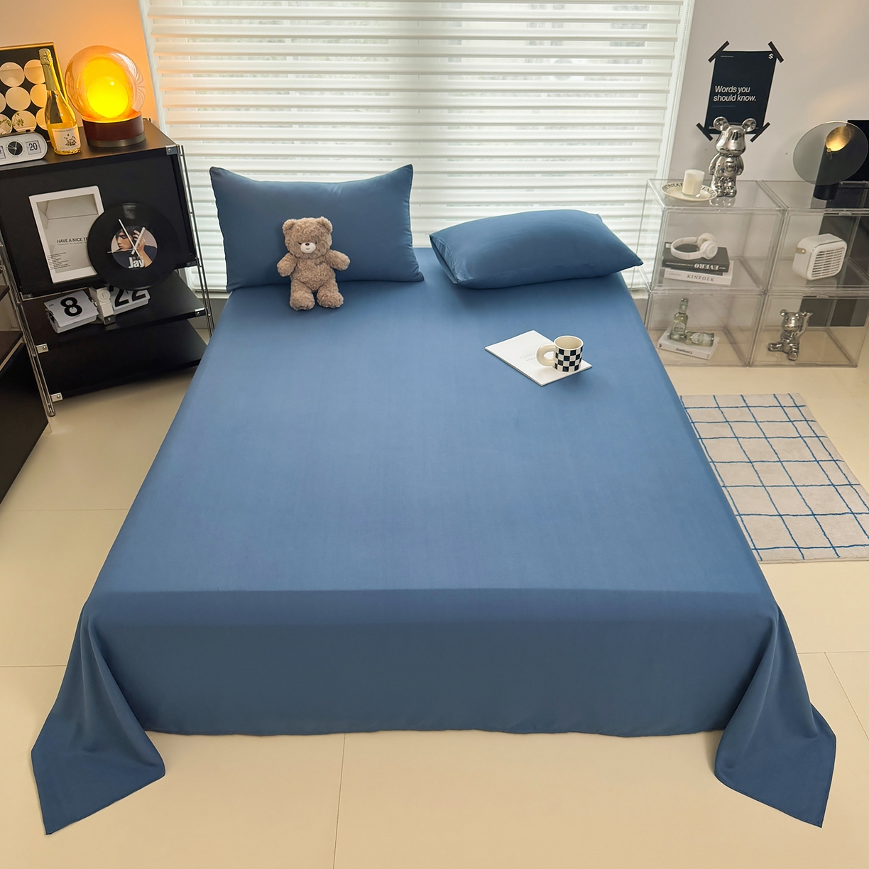 91家纺网 家纺一手货源 找家纺 十一家居 2025年新款ins风A类母婴级亲肤云朵水洗棉单床单 深蓝