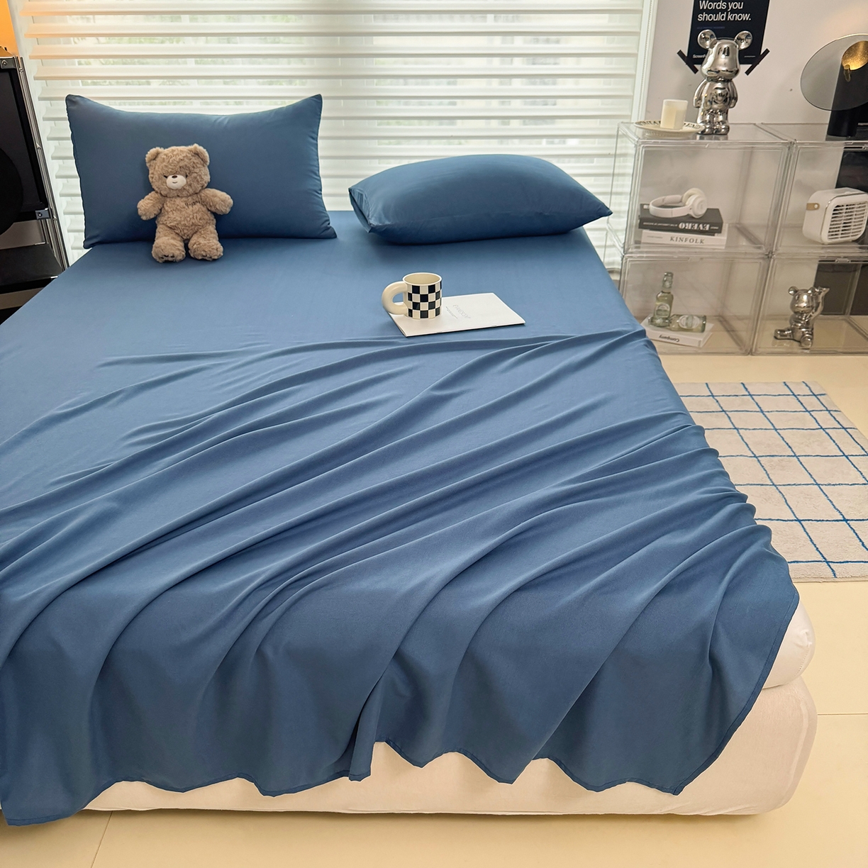 91家纺网 家纺一手货源 找家纺 十一家居 2025年新款ins风A类母婴级亲肤云朵水洗棉单床单 深蓝