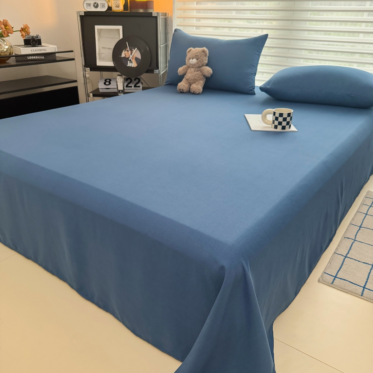 91家纺网 家纺一手货源 找家纺 十一家居 2025年新款ins风A类母婴级亲肤云朵水洗棉单床单 深蓝