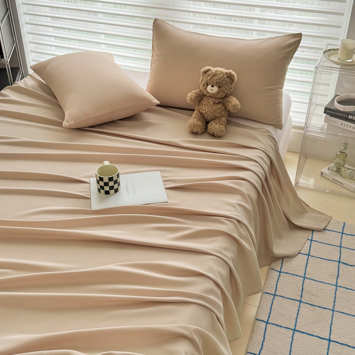 91家纺网 家纺一手货源 找家纺 十一家居 2025年新款ins风A类母婴级亲肤云朵水洗棉单床单 卡其