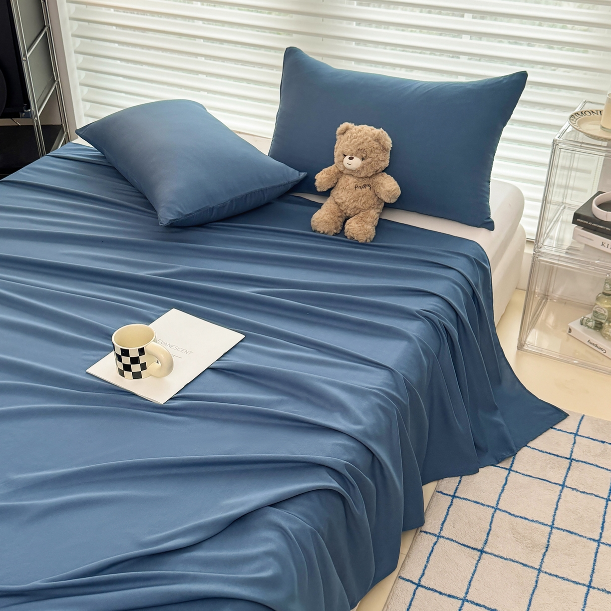 91家纺网 家纺一手货源 找家纺 十一家居 2025年新款ins风A类母婴级亲肤云朵水洗棉单床单 深蓝