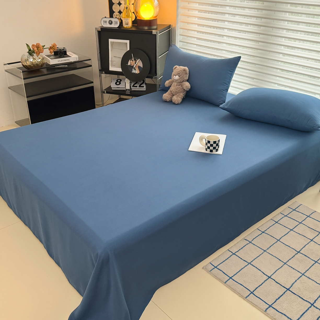 91家纺网 家纺一手货源 找家纺 十一家居 2025年新款ins风A类母婴级亲肤云朵水洗棉单床单 深蓝